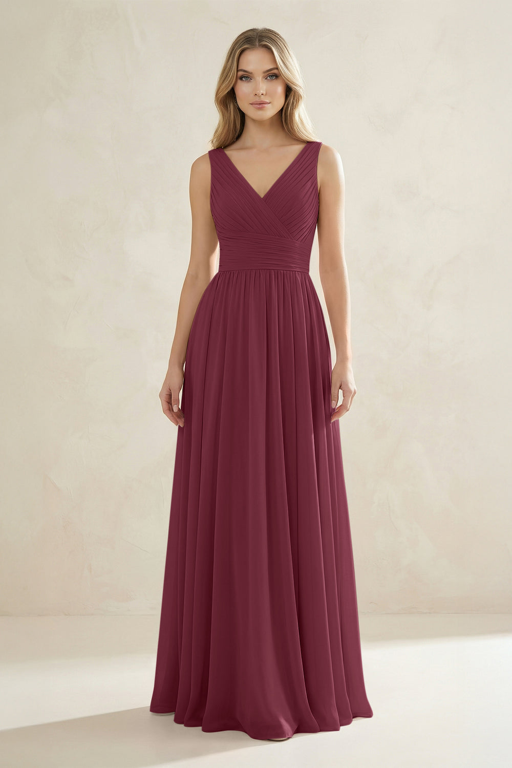 V-Neck Pleated A-Line Bridesmaid Dress in Desert Rose