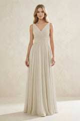 V - Neck Pleated A - Line Bridesmaid Dress in Dove Gray - KISS BRIDAL Bridesmaid Dresses