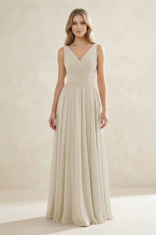 V - Neck Pleated A - Line Bridesmaid Dress in Dove Gray - SHE IS ME Bridesmaid Dresses