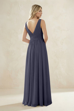 V - Neck Pleated A - Line Bridesmaid Dress in Dusk Blue - SHE IS ME Bridesmaid Dresses