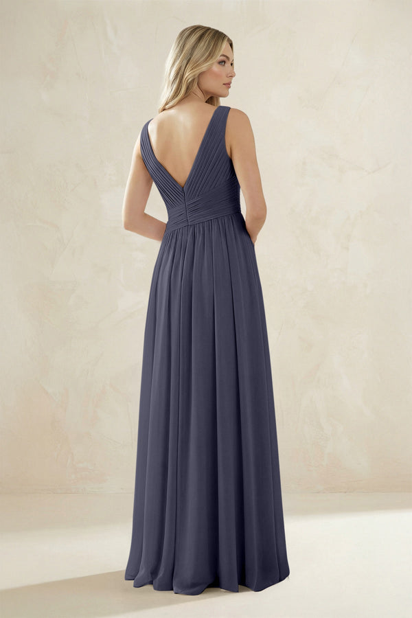 V - Neck Pleated A - Line Bridesmaid Dress in Dusk Blue - SHE IS ME Bridesmaid Dresses