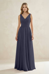 V - Neck Pleated A - Line Bridesmaid Dress in Dusk Blue - KISS BRIDAL Bridesmaid Dresses
