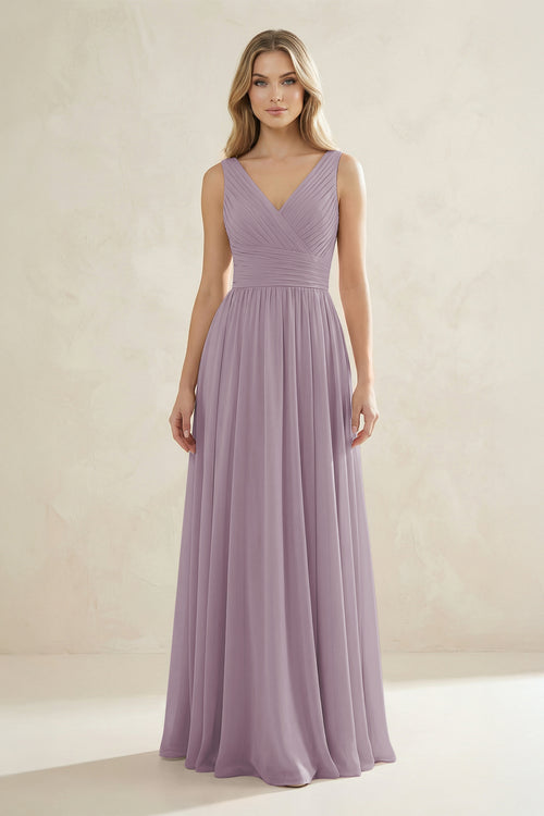 V-Neck Pleated A-Line Bridesmaid Dress in Dusk | KISSBRIDAL