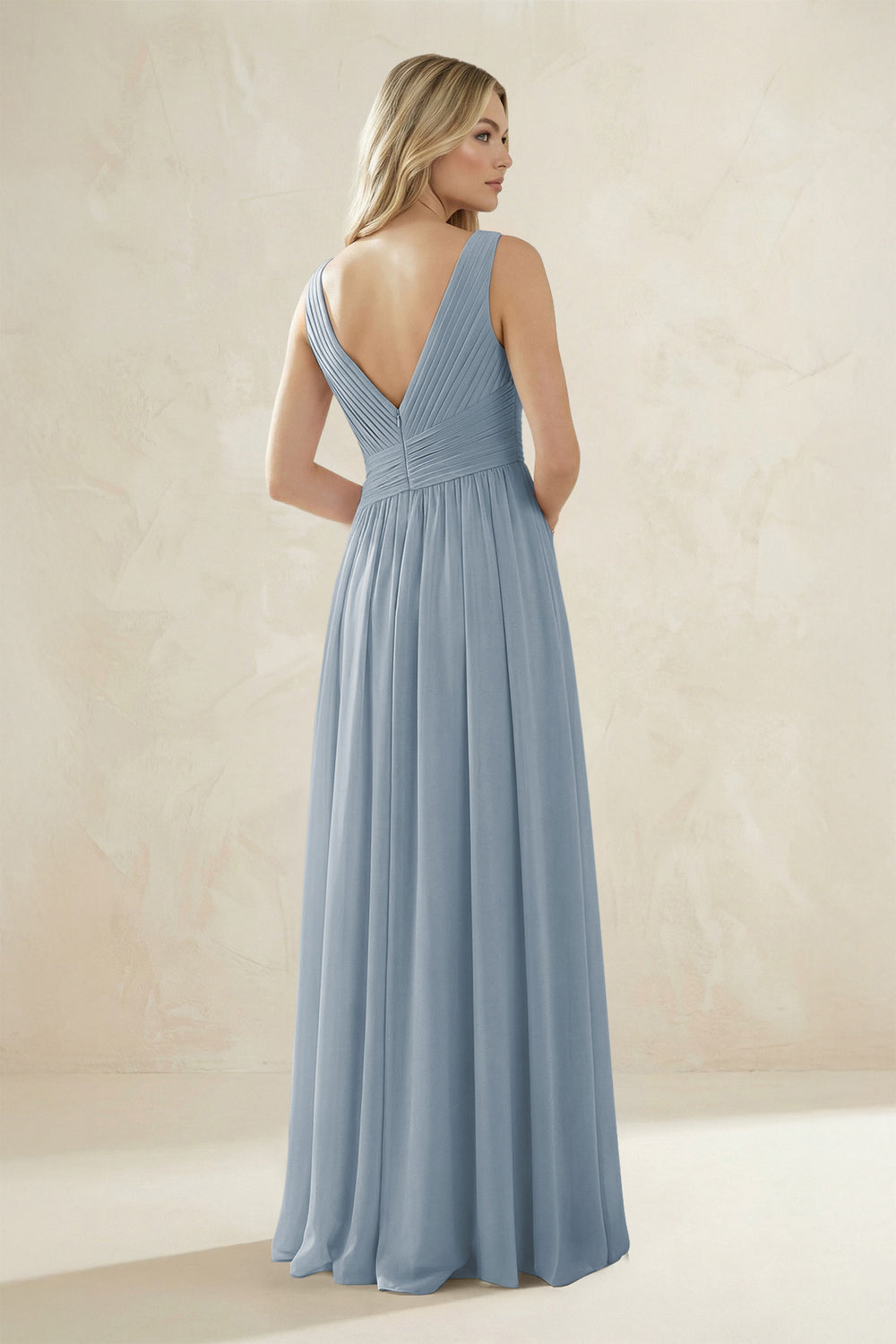 V-Neck Pleated A-Line Bridesmaid Dress in Dusty Blue
