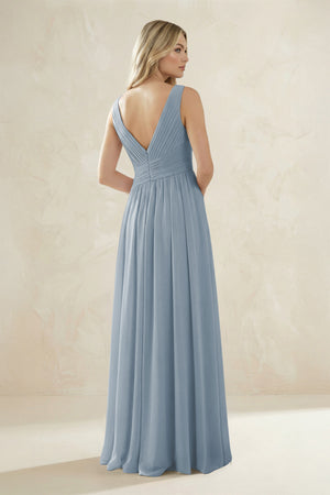 V-Neck Pleated A-Line Bridesmaid Dress in Dusty Blue (2) | KISSBRIDAL