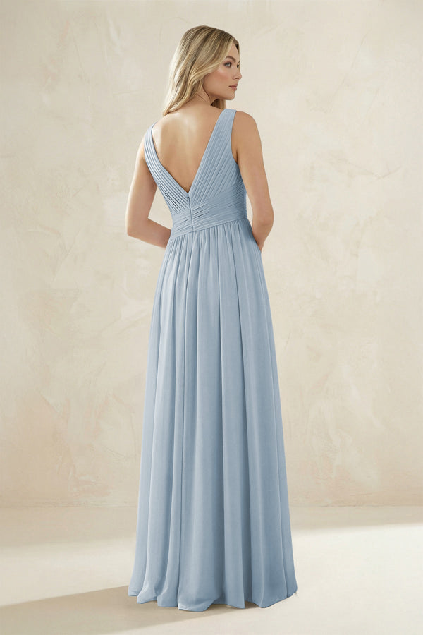 V - Neck Pleated A - Line Bridesmaid Dress in Dusty Blue - SHE IS ME Bridesmaid Dresses