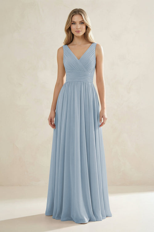 V - Neck Pleated A - Line Bridesmaid Dress in Dusty Blue - SHE IS ME Bridesmaid Dresses