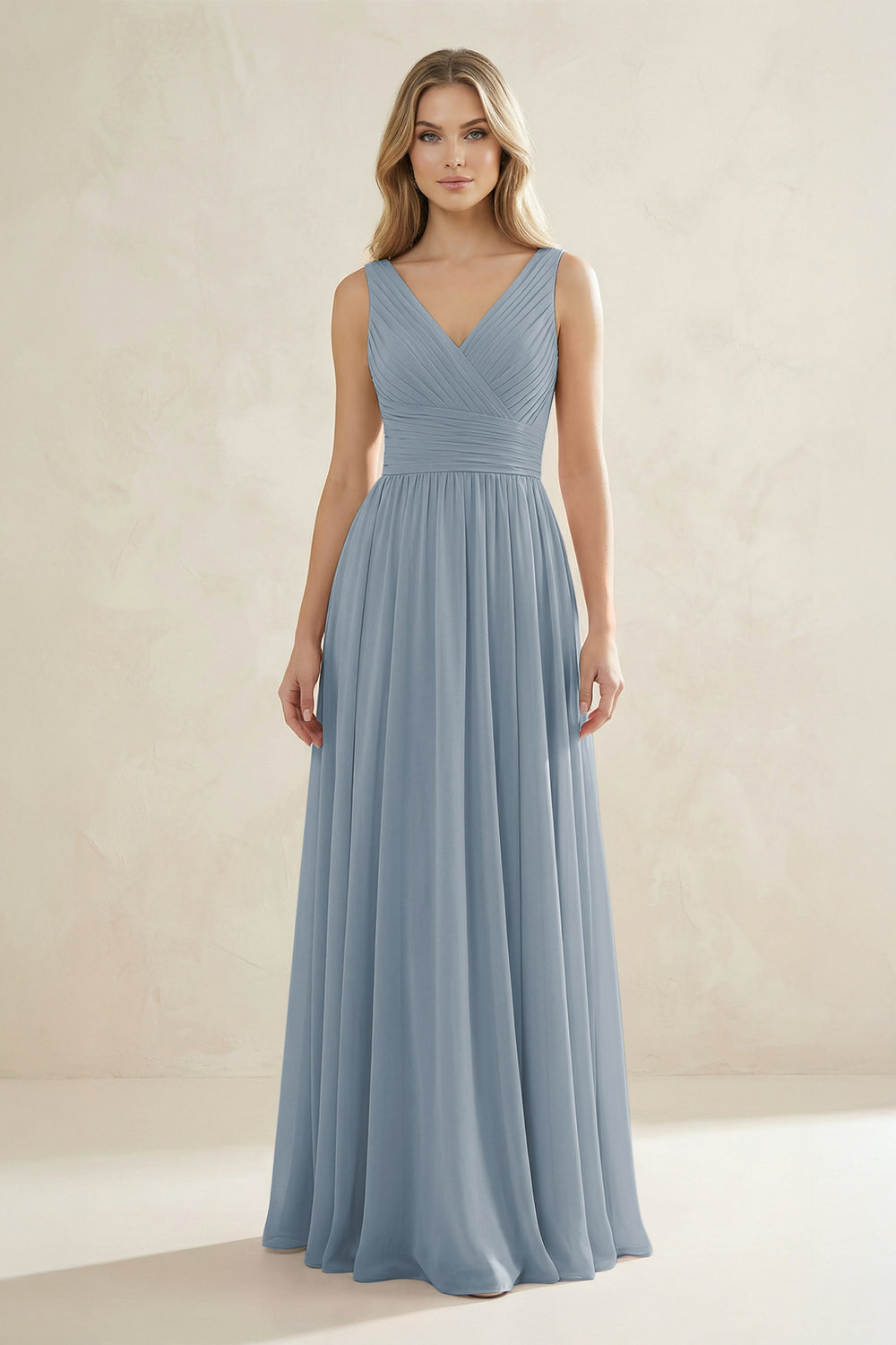 V-Neck Pleated A-Line Bridesmaid Dress in Dusty Blue