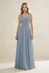 V-Neck Pleated A-Line Bridesmaid Dress in Dusty Blue | KISSBRIDAL