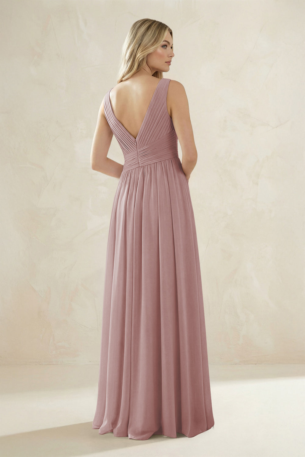 V-Neck Pleated A-Line Bridesmaid Dress in Dusty Rose
