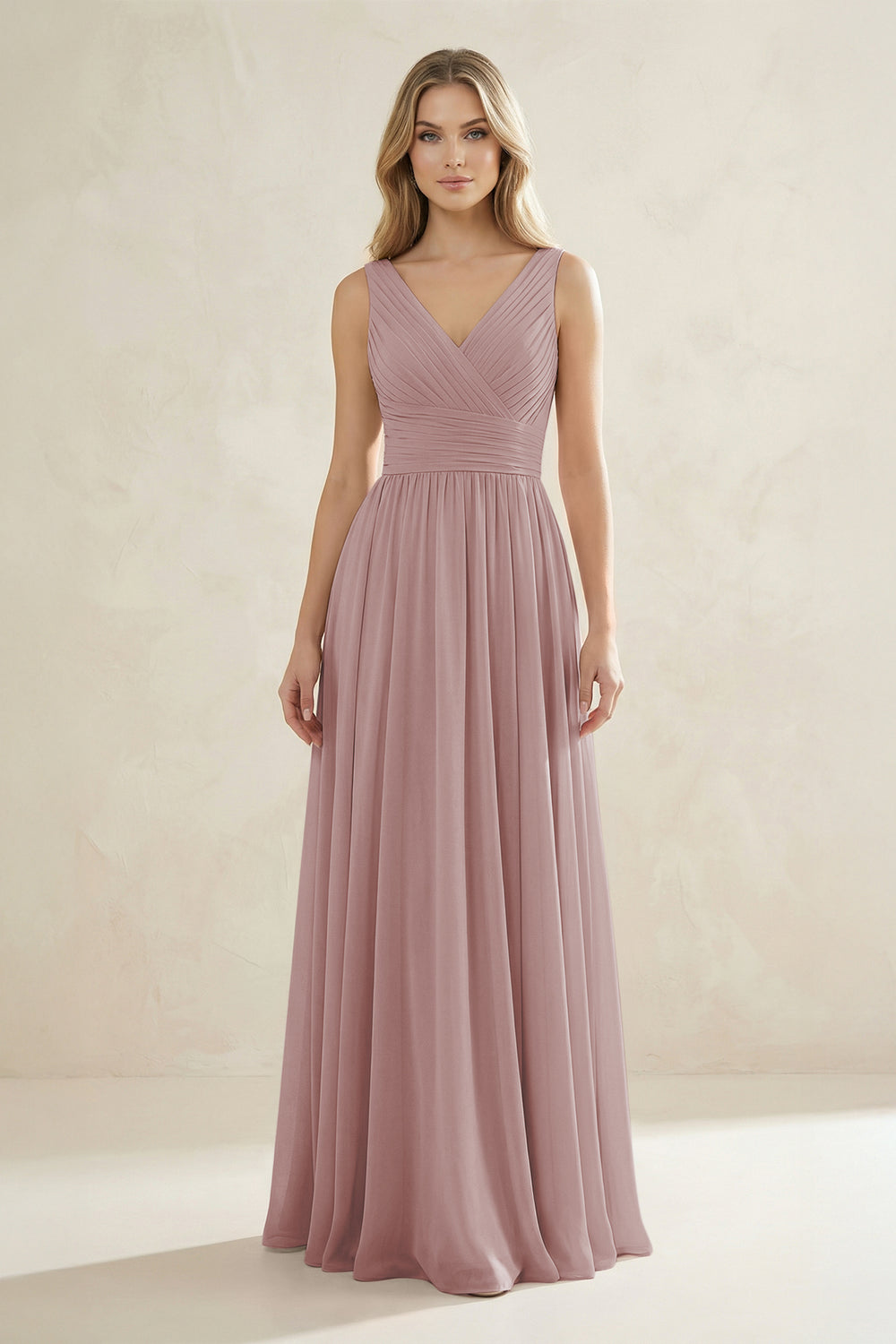 V-Neck Pleated A-Line Bridesmaid Dress in Dusty Rose