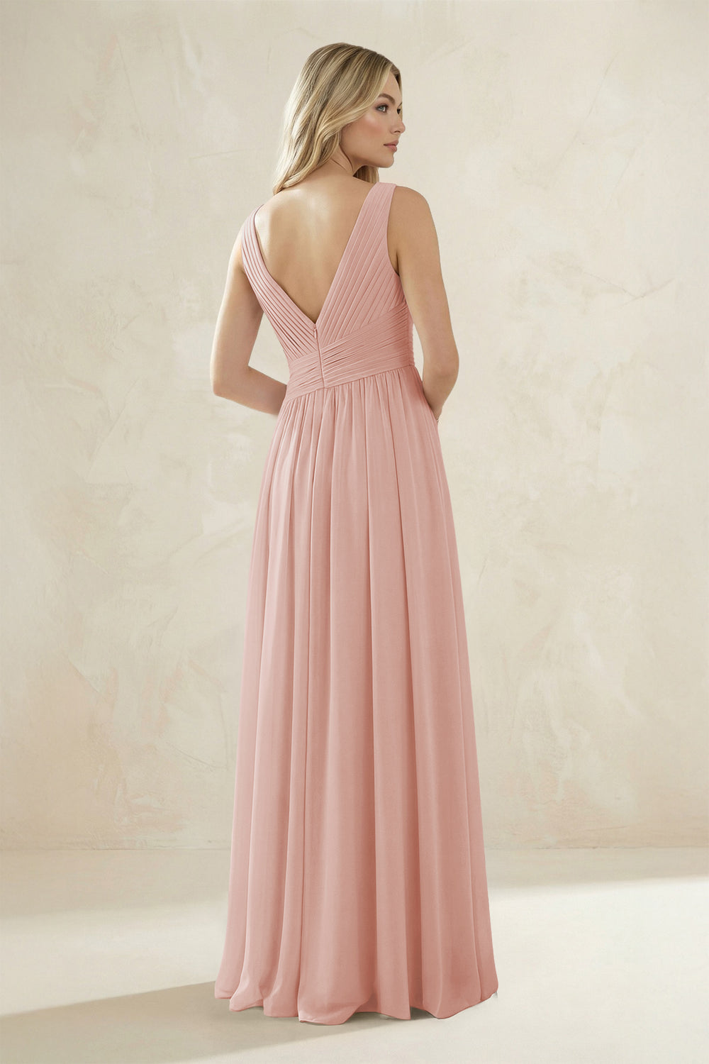 V-Neck Pleated A-Line Bridesmaid Dress in English Rose