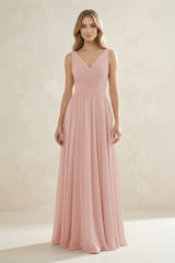 V-Neck Pleated A-Line Bridesmaid Dress in English Rose | KISSBRIDAL