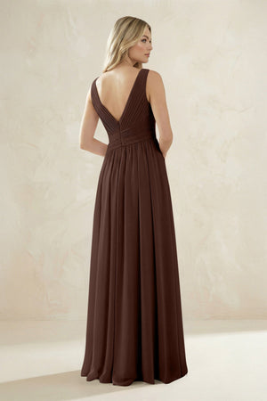 V - Neck Pleated A - Line Bridesmaid Dress in Espresso - SHE IS ME Bridesmaid Dresses