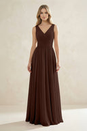 V - Neck Pleated A - Line Bridesmaid Dress in Espresso - SHE IS ME Bridesmaid Dresses