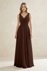 V - Neck Pleated A - Line Bridesmaid Dress in Espresso - KISS BRIDAL Bridesmaid Dresses