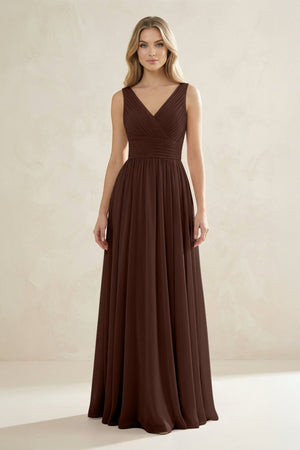 V - Neck Pleated A - Line Bridesmaid Dress in Espresso - SHE IS ME Bridesmaid Dresses