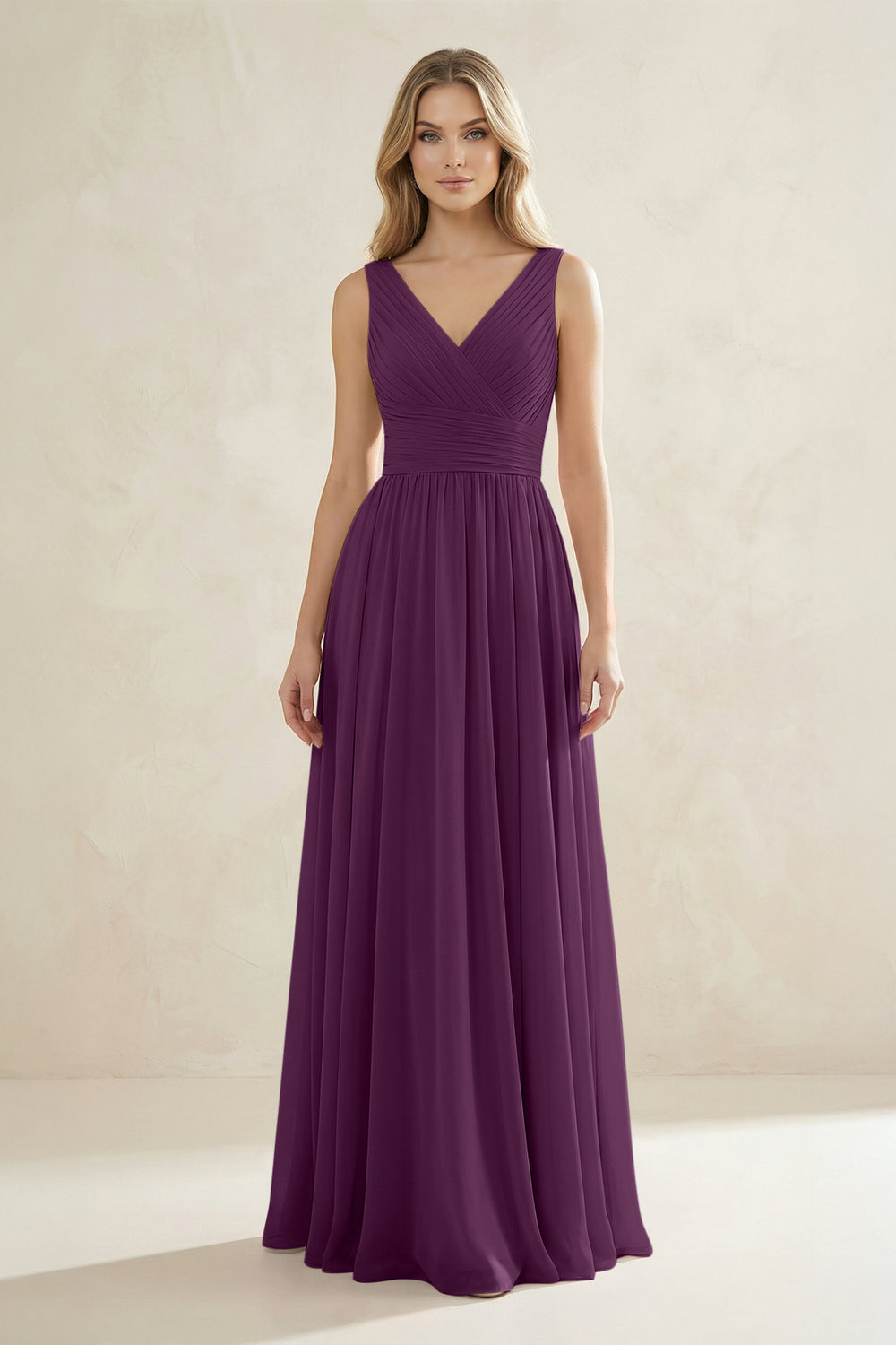 V-Neck Pleated A-Line Bridesmaid Dress in Fig