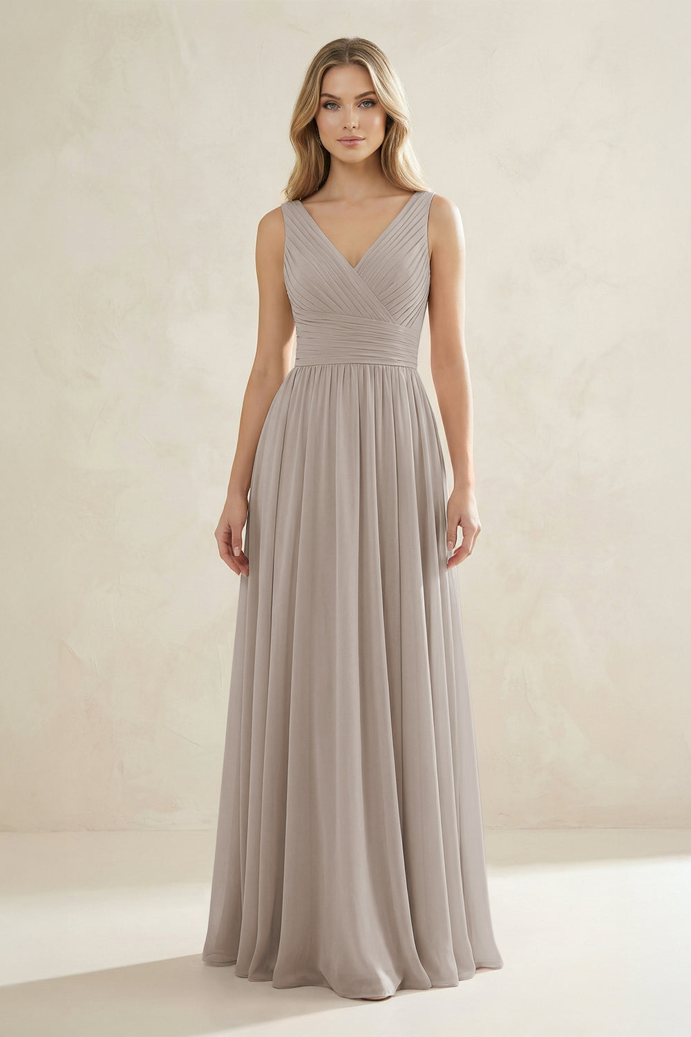 V-Neck Pleated A-Line Bridesmaid Dress in Frost