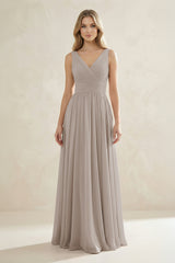 V-Neck Pleated A-Line Bridesmaid Dress in Frost | KISSBRIDAL