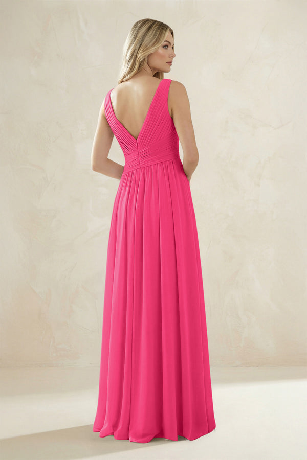 V-Neck Pleated A-Line Bridesmaid Dress in Fuchsia (2) | KISSBRIDAL