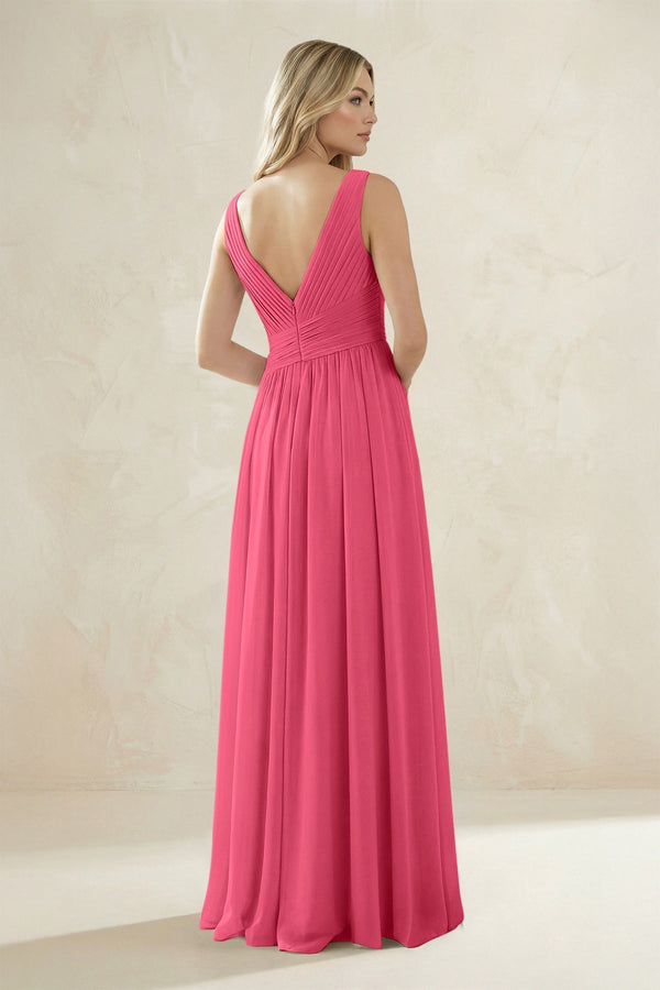 V - Neck Pleated A - Line Bridesmaid Dress in Fuchsia - SHE IS ME Bridesmaid Dresses