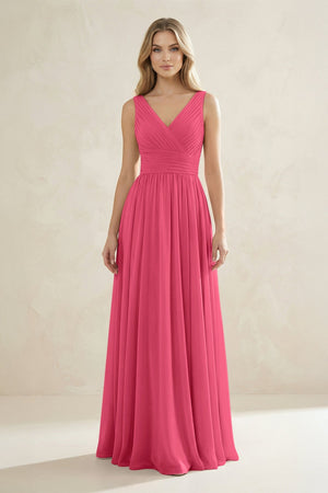 V - Neck Pleated A - Line Bridesmaid Dress in Fuchsia - SHE IS ME Bridesmaid Dresses