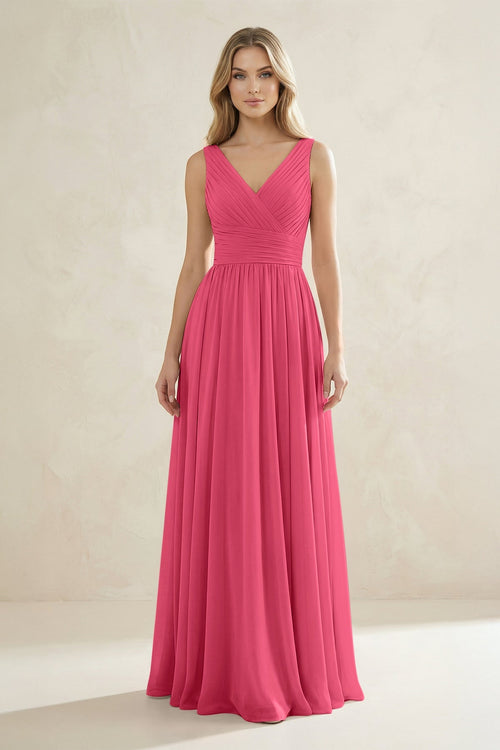 V - Neck Pleated A - Line Bridesmaid Dress in Fuchsia - SHE IS ME Bridesmaid Dresses