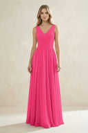 V-Neck Pleated A-Line Bridesmaid Dress in Fuchsia | KISSBRIDAL