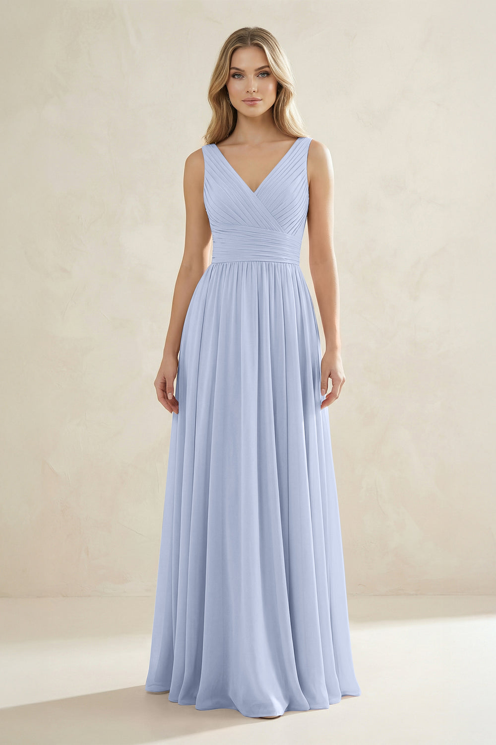 V-Neck Pleated A-Line Bridesmaid Dress in Ice