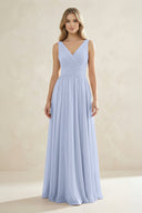 V-Neck Pleated A-Line Bridesmaid Dress in Ice | KISSBRIDAL