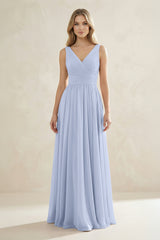 V-Neck Pleated A-Line Bridesmaid Dress in Ice | KISSBRIDAL