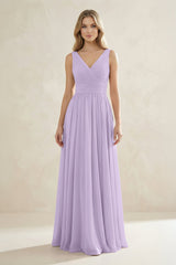 V - Neck Pleated A - Line Bridesmaid Dress in Lavender - KISS BRIDAL Bridesmaid Dresses