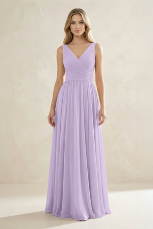 V - Neck Pleated A - Line Bridesmaid Dress in Lavender - SHE IS ME Bridesmaid Dresses