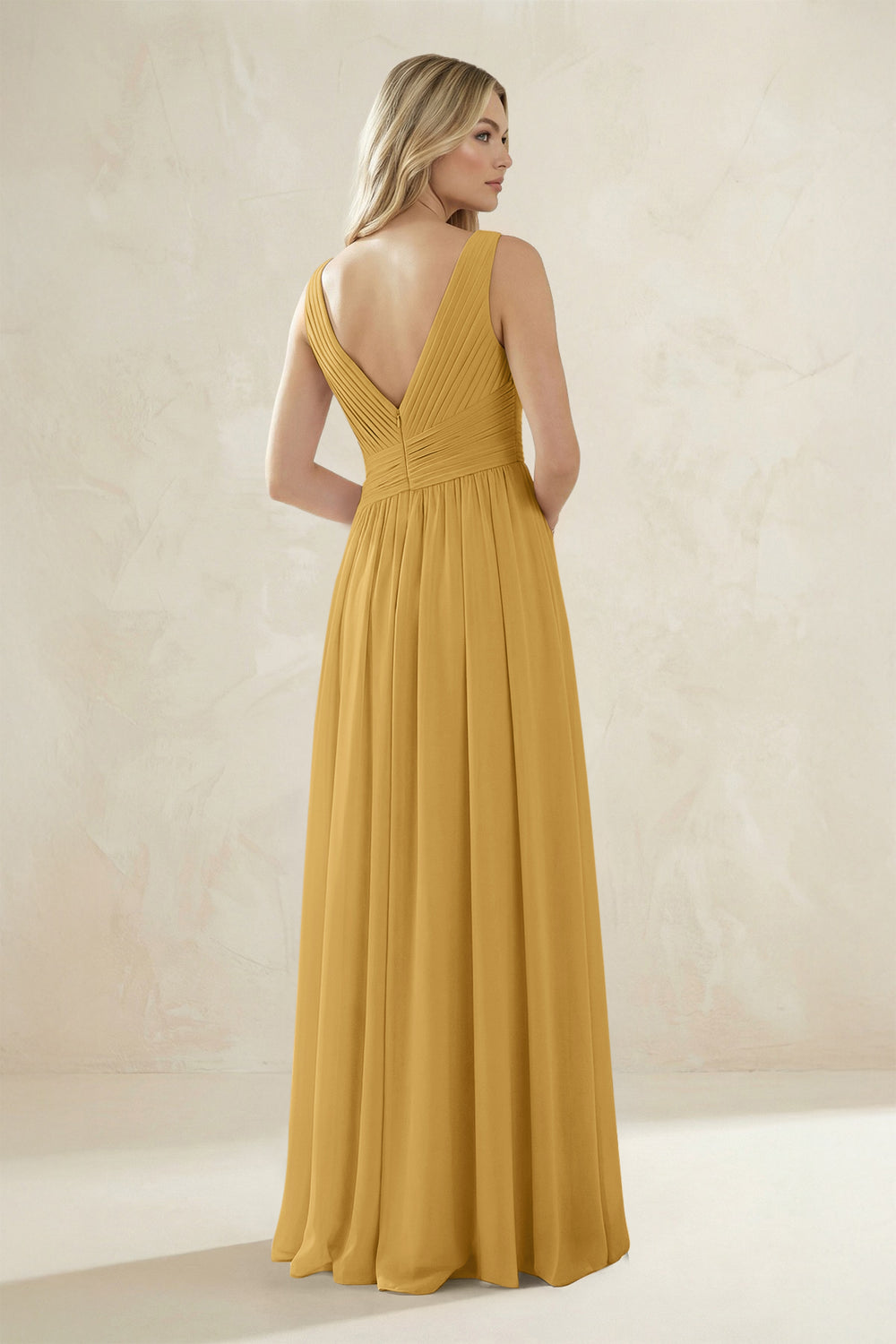 V-Neck Pleated A-Line Bridesmaid Dress in Marigold