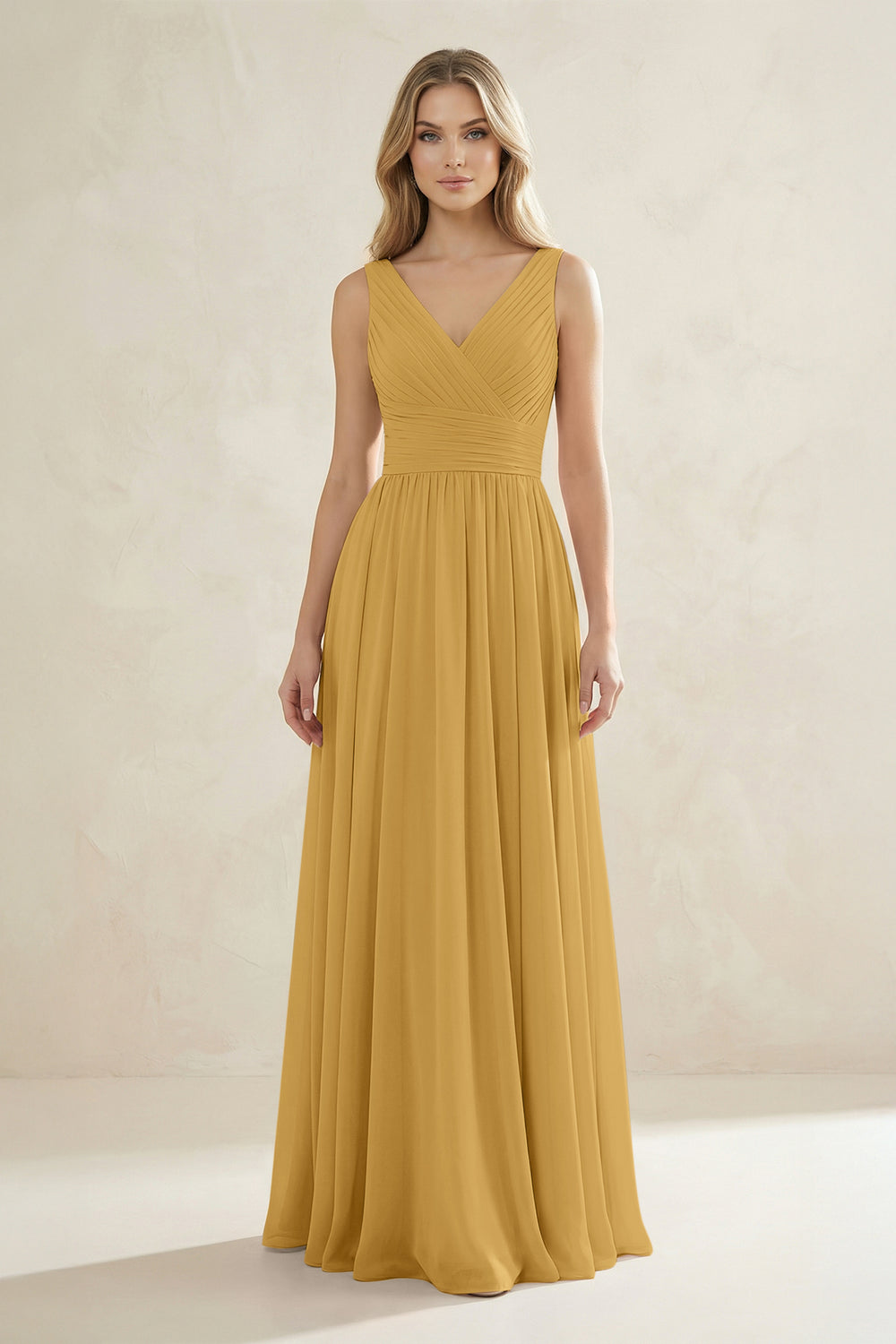 V-Neck Pleated A-Line Bridesmaid Dress in Marigold