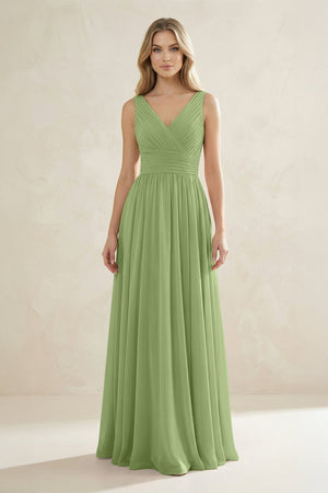 V - Neck Pleated A - Line Bridesmaid Dress in Matcha - SHE IS ME Bridesmaid Dresses