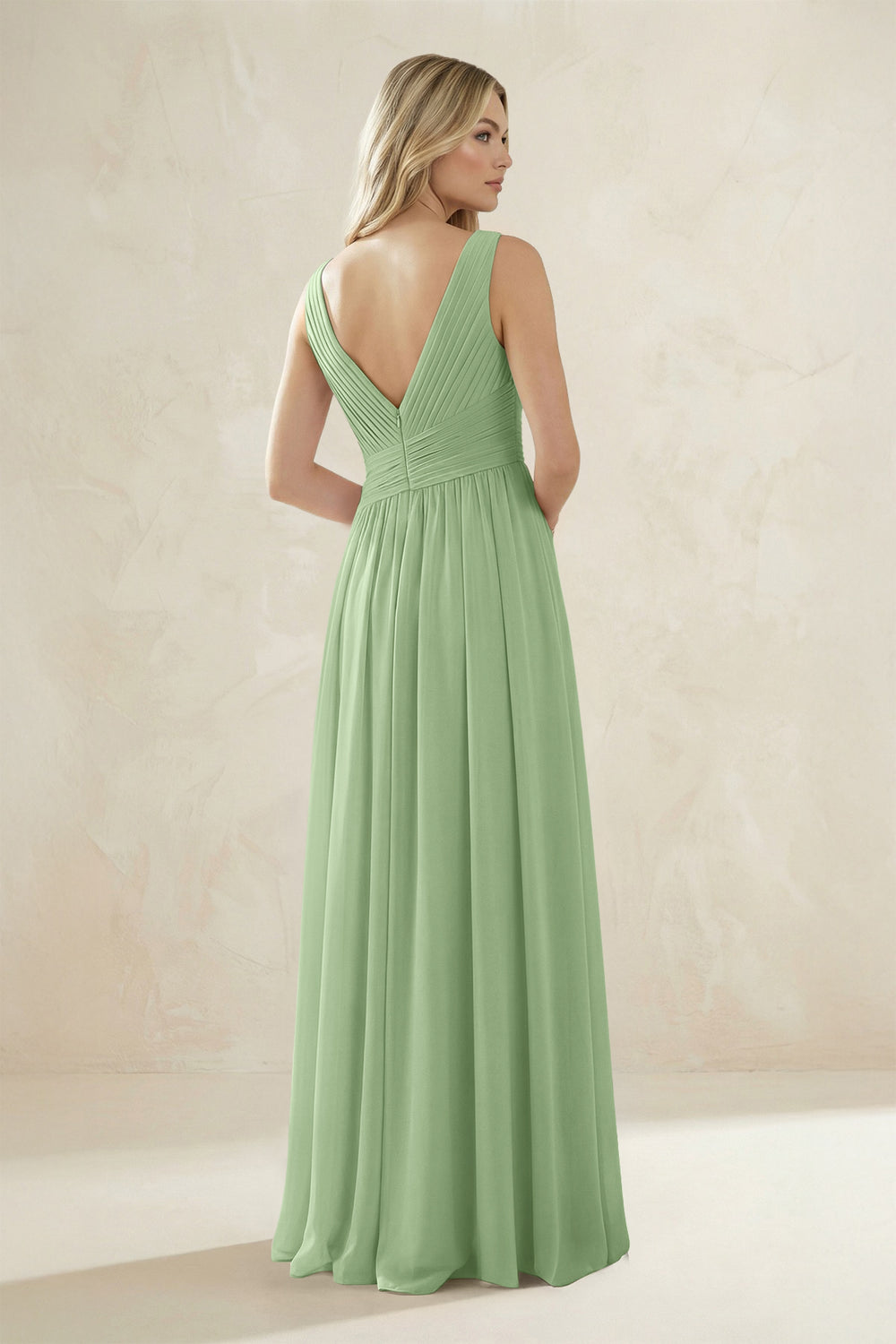 V-Neck Pleated A-Line Bridesmaid Dress in Matcha