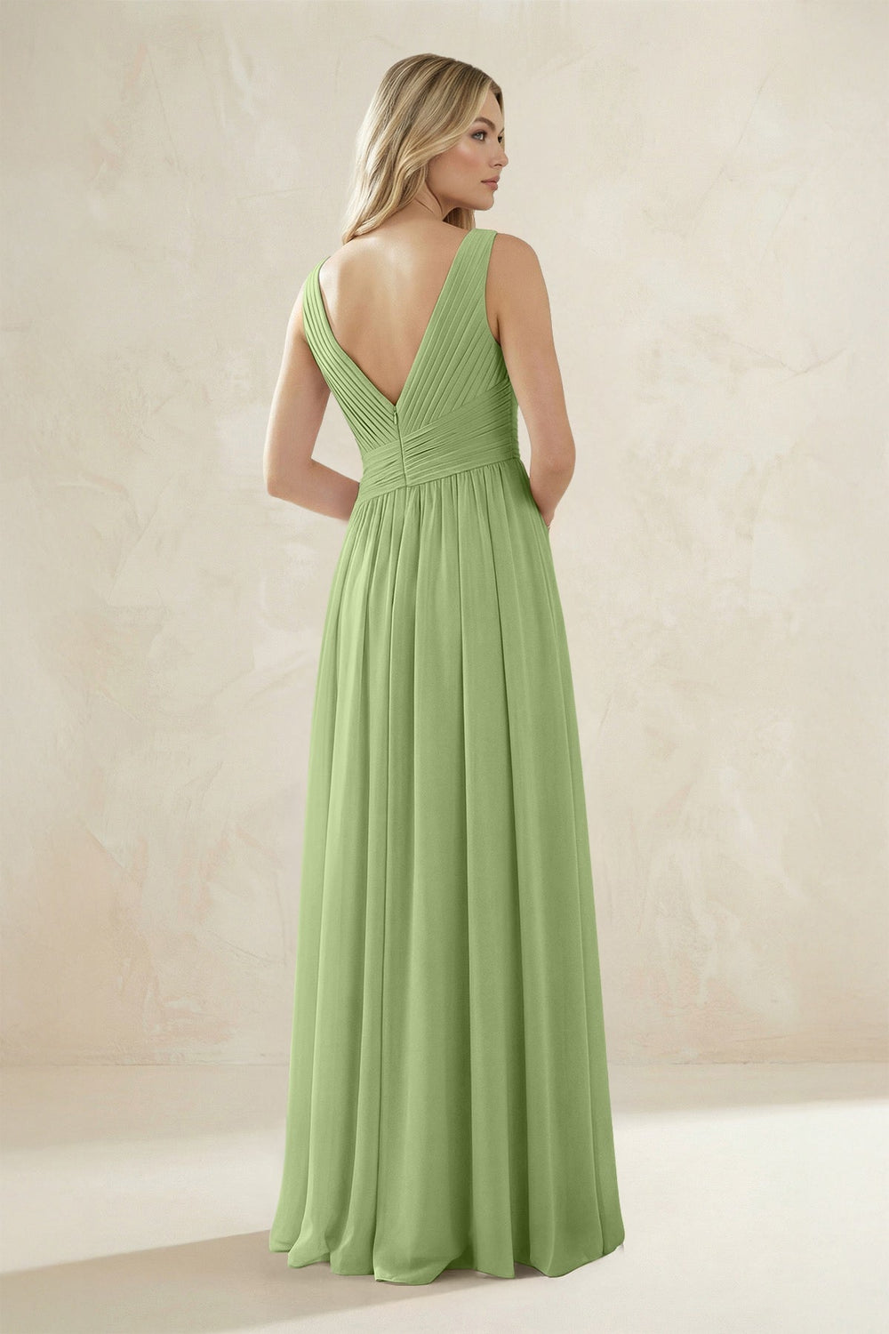 V - Neck Pleated A - Line Bridesmaid Dress in Matcha - KISS BRIDAL Bridesmaid Dresses
