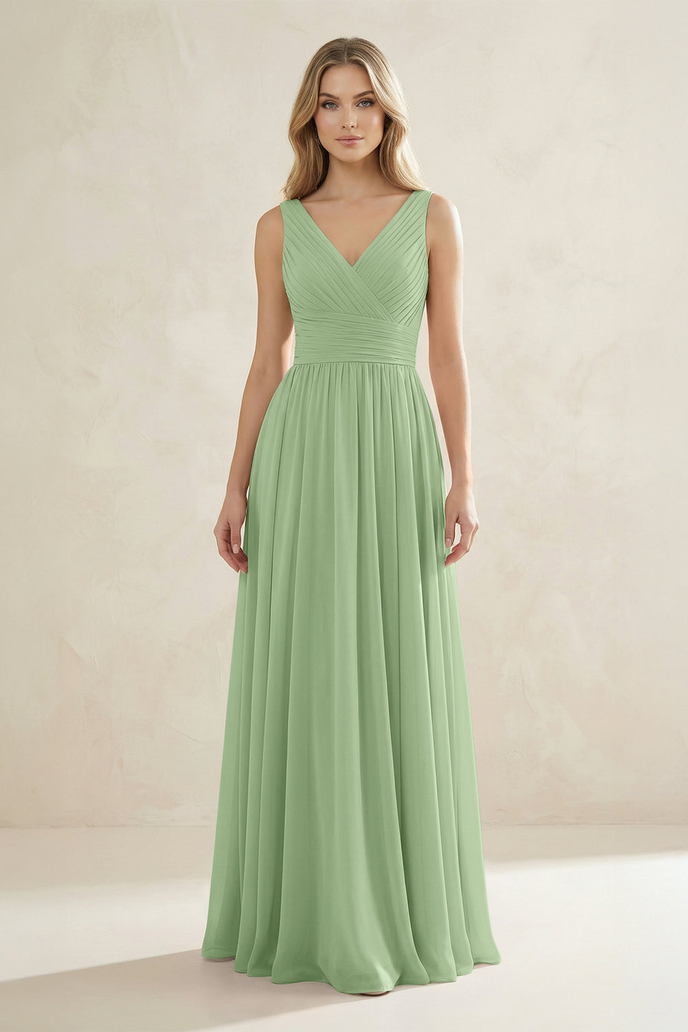 V-Neck Pleated A-Line Bridesmaid Dress in Matcha