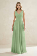 V-Neck Pleated A-Line Bridesmaid Dress in Matcha | KISSBRIDAL