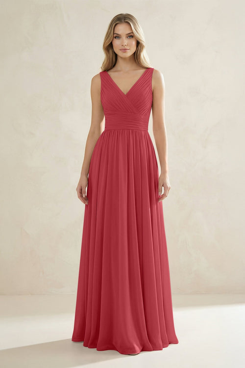 V - Neck Pleated A - Line Bridesmaid Dress in Merlot - SHE IS ME Bridesmaid Dresses