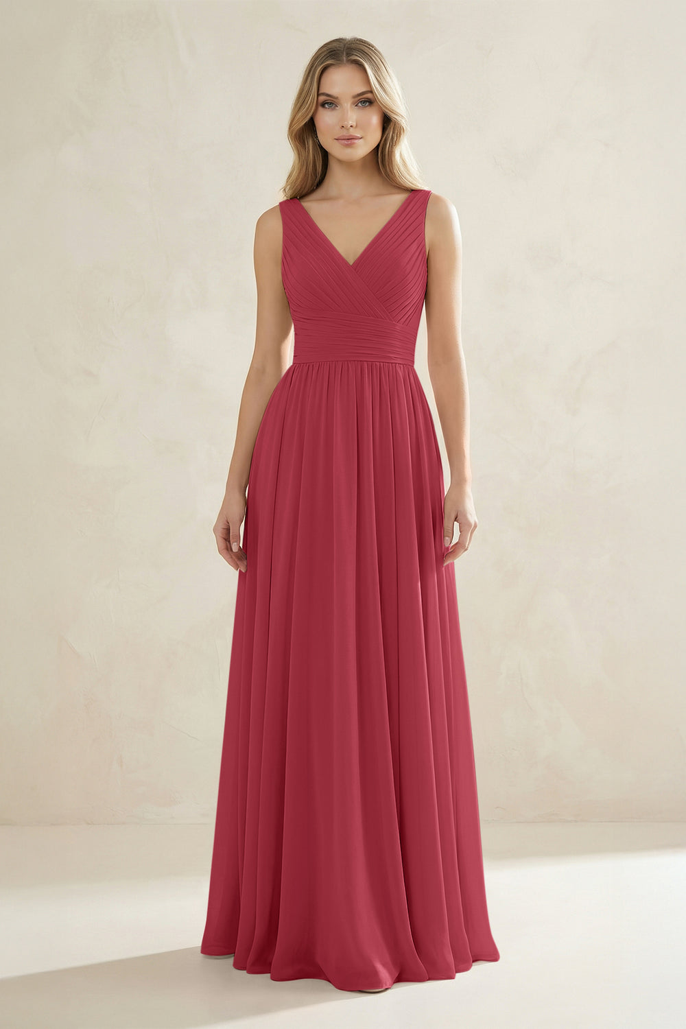 V-Neck Pleated A-Line Bridesmaid Dress in Merlot