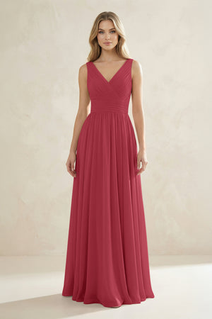 V-Neck Pleated A-Line Bridesmaid Dress in Merlot | KISSBRIDAL