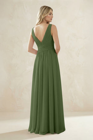 V-Neck Pleated A-Line Bridesmaid Dress in Moss (2) | KISSBRIDAL