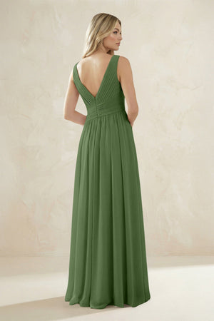 V - Neck Pleated A - Line Bridesmaid Dress in Moss - SHE IS ME Bridesmaid Dresses