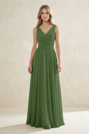 V - Neck Pleated A - Line Bridesmaid Dress in Moss - SHE IS ME Bridesmaid Dresses