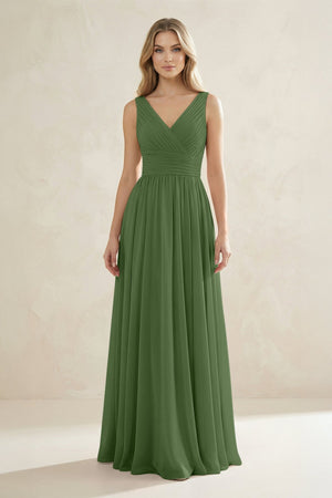 V - Neck Pleated A - Line Bridesmaid Dress in Moss - SHE IS ME Bridesmaid Dresses