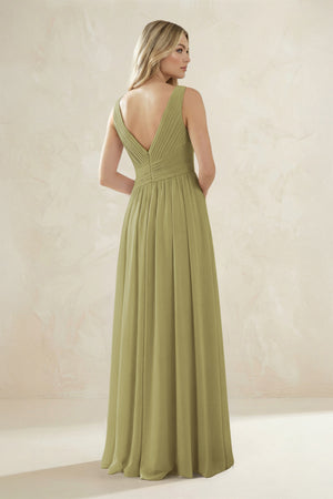 V-Neck Pleated A-Line Bridesmaid Dress in Moss Green (2) | KISSBRIDAL
