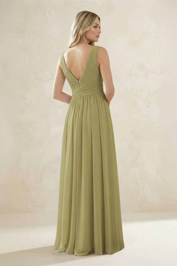 V-Neck Pleated A-Line Bridesmaid Dress in Moss Green (2) | KISSBRIDAL